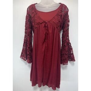 Indigo Thread Co Size S Red BABYDOLL DRESS Bell Sleeves + Heavy Lace